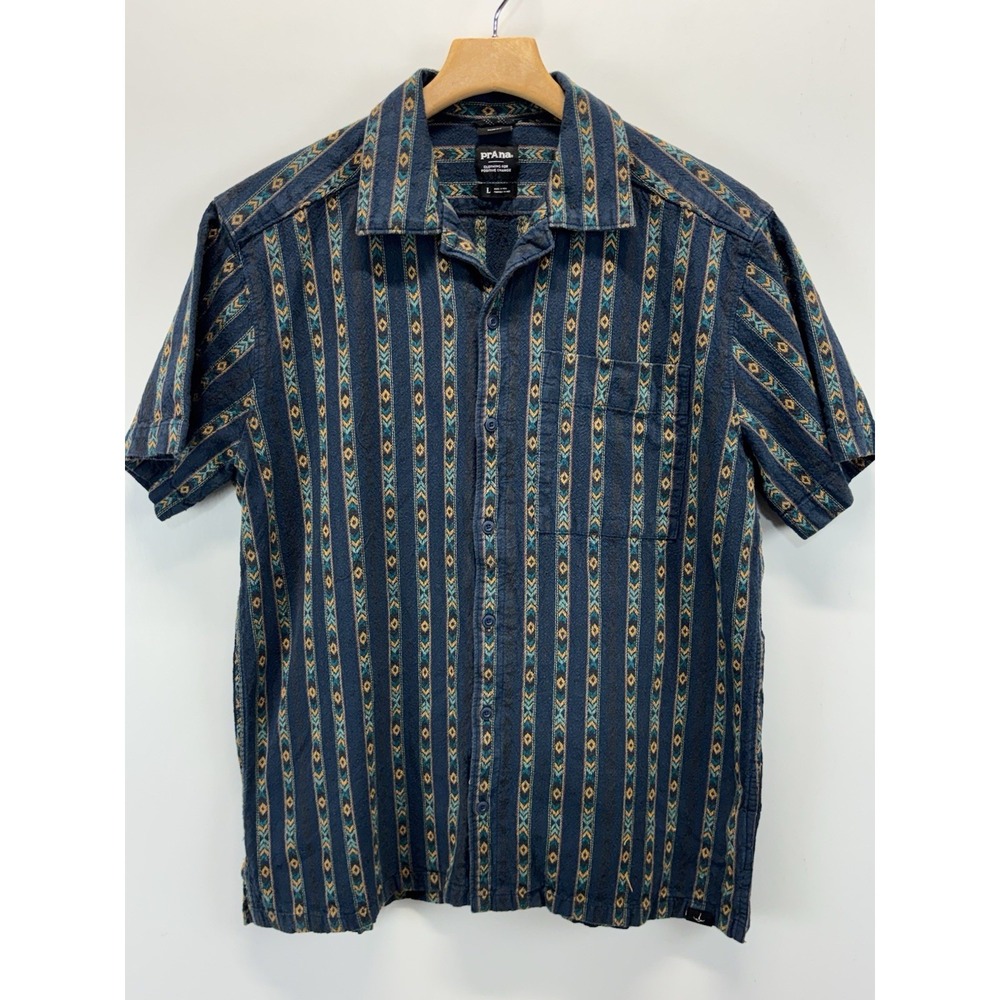 Prana Mantra Heritage Organic Cotton Navy Stripe Short Sleeve Botton Aztec Men L